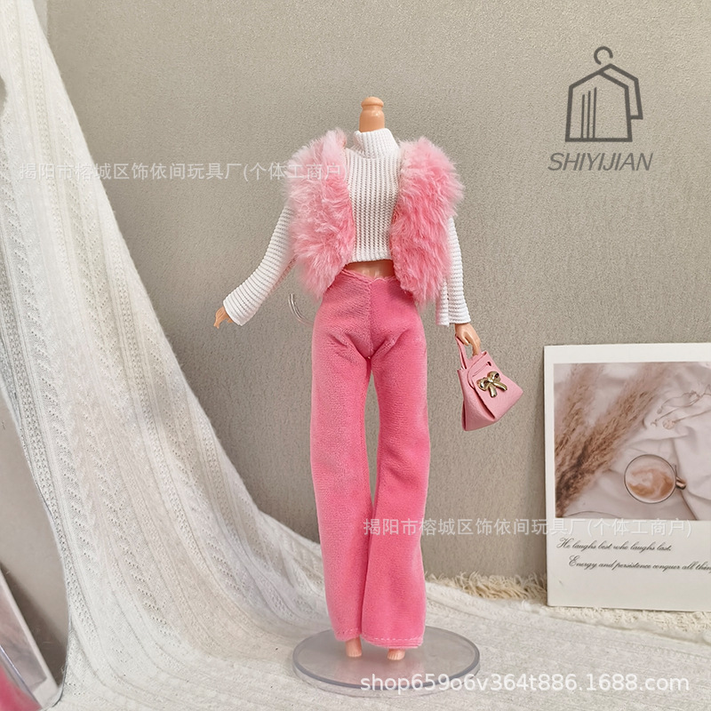 Cross-border 30cm 11inch Barbie doll fur vest, high-neck base shirt, bell-bottom pants, winter fashion set Cross-border 30cm 11inch Barbie doll fur vest, high-neck base shirt, bell-bottom pants, winter fashion set