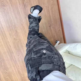 美式复古街头迷彩阔腿牛仔裤男女春秋新款大码胖MM宽松直筒裤子