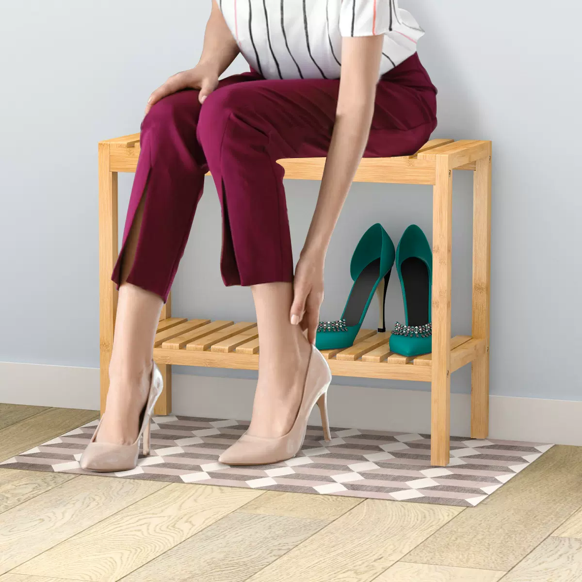 跨境门口换鞋凳家用可坐式进门玄关穿鞋凳入户门鞋坐凳竹制置物架