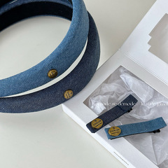 Denim-style fabric oval gold label denim raised sponge headband versatile headband hair clip simple duckbill clip hair accessory