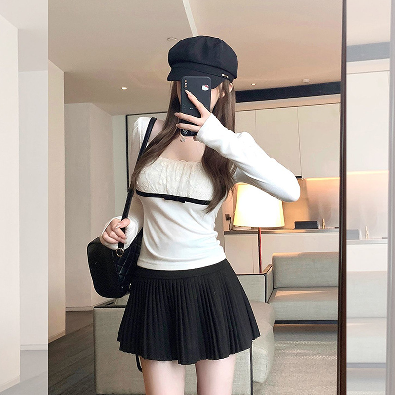 40支260克随心裁1*1 韩系蕾丝花边方领长袖T恤女2025新款秋冬上衣