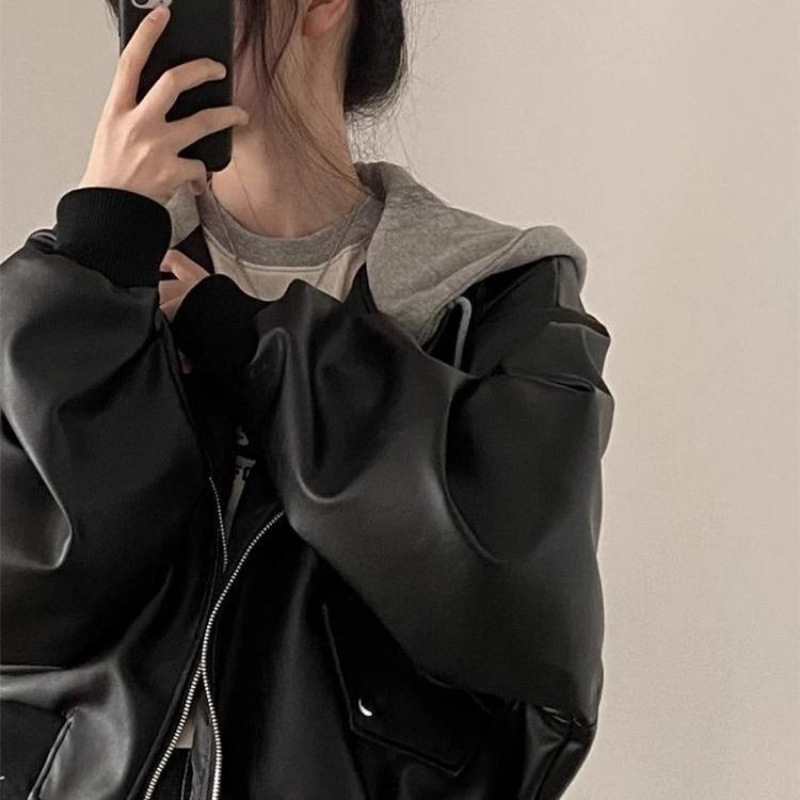 High-End Hooded Leather Jacket Women's Short 2025 Spring & Fall New Korean Style Loose and Versatile Leather Jacket with Western Style