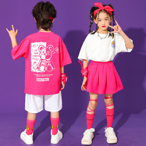 Pink hiphop dance costumes for Girls rapper singers  children school cheerleading uniforms games opening ceremony performance clothing chorus dancewear