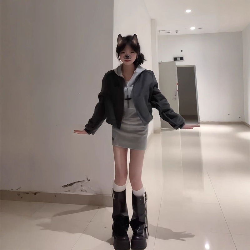 三件套【酷飒拽姐】2025新款秋冬灰色短款外套+运动短裙+卫衣上衣|undefined