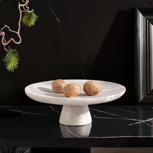 法式侘寂风大理石托盘高脚果盘黄洞石装饰盘软装台面家居装饰摆件