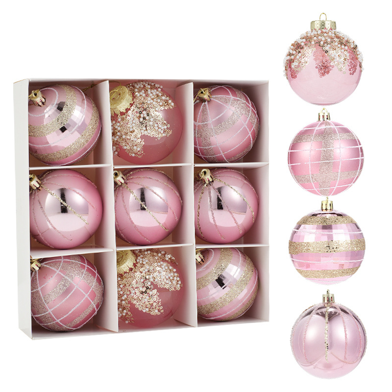 Nuevo producto 8CM pintado polvo adhesivo colorido bola de Navidad colgante bola set caja de decoración de Navidad colgante árbol de Navidad