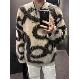 翻领高级感刺绣马海毛毛衣男秋冬小众加厚慵懒风圆领针织衫上衣男