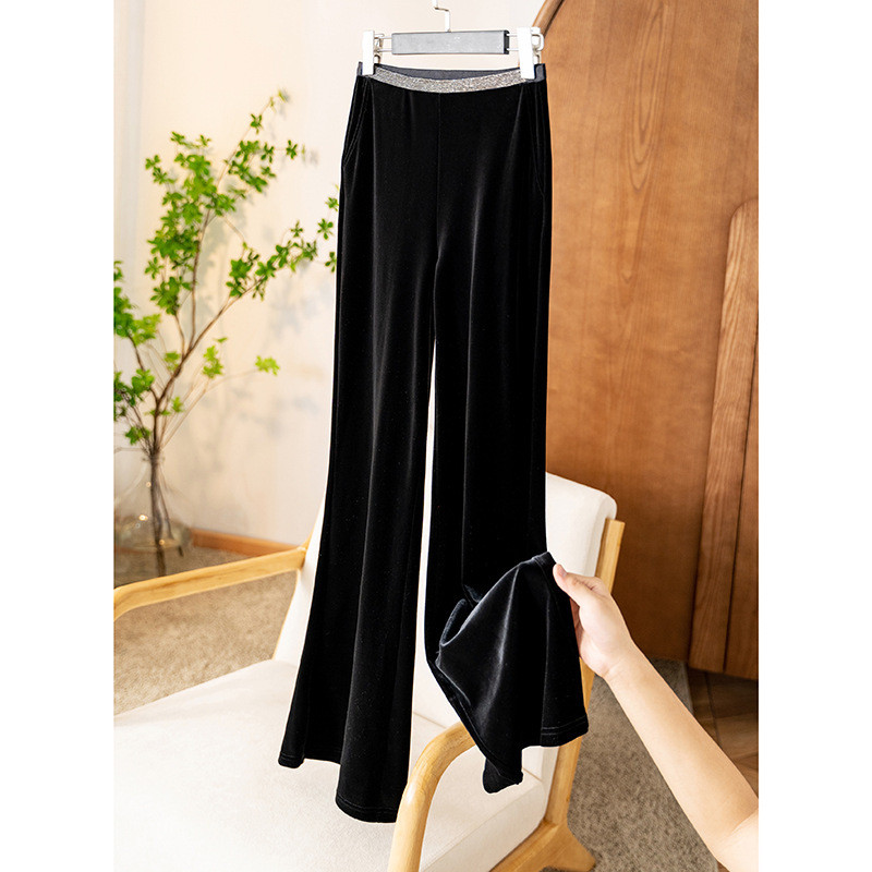 Spring and Autumn Retro Classy Versatile Casual Elastic Waist Gold Velvet High Waist Draped Slimming Look Anti-Wrinkle Straight Velvet Pants