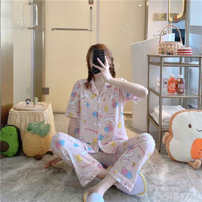 Pantalones de manga corta pijamas de las mujeres de verano estilo coreano ins cardigan leche traje de seda hogar ocio dibujos animados estudiante fuera image 24