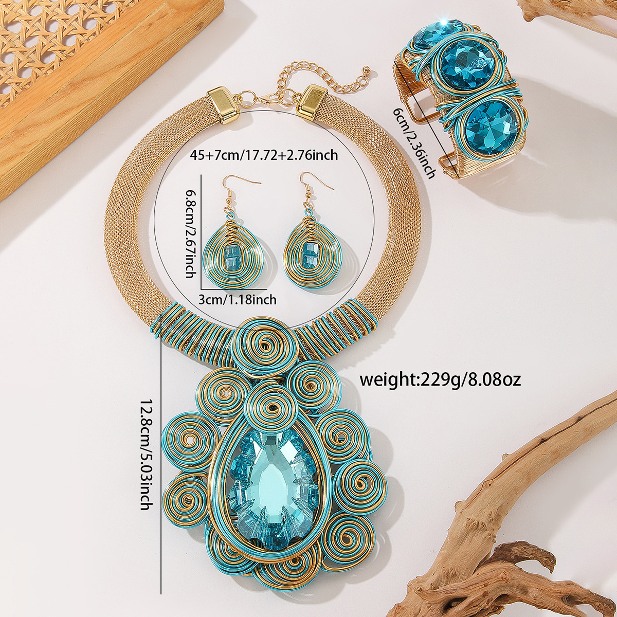 Exaggerated Handmade Aluminium Wire Crystal Jewelry Set Necklace_voghion.com