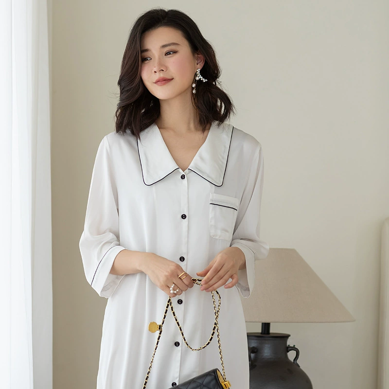 2024 новая пижама женская летняя тонкая спинка из ледяной шелк французская отворот белая модная пижама весна и осень женская