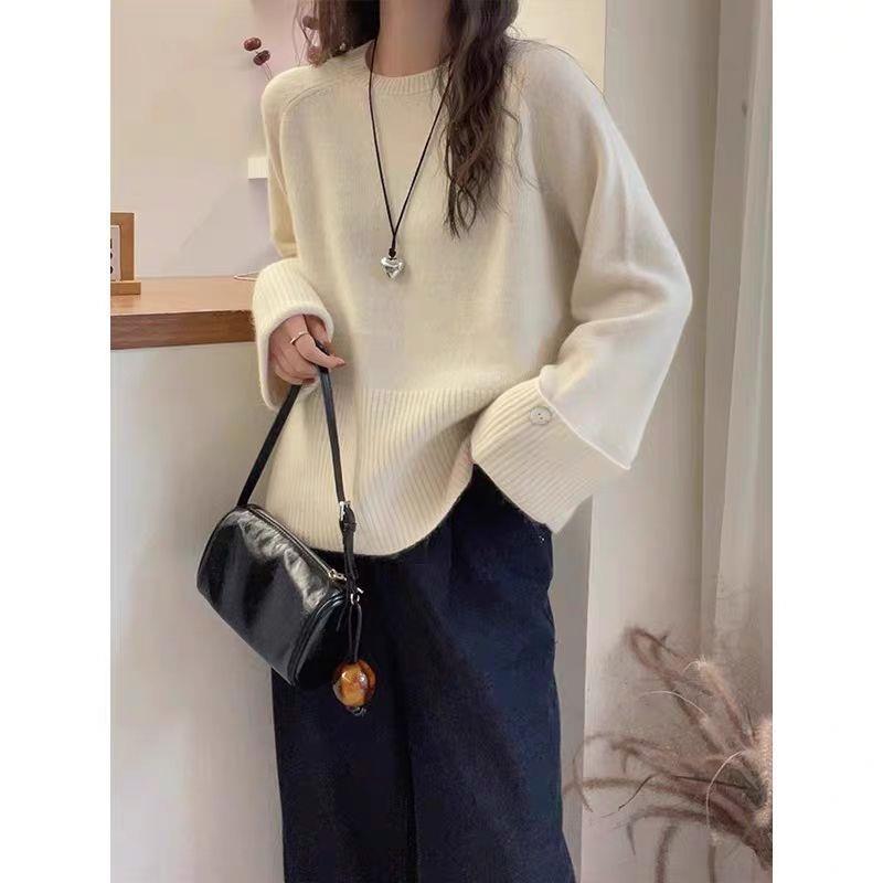 法式感袖口卷边圆领毛衣女秋软糯慵懒风内搭打底针织衫上衣|undefined