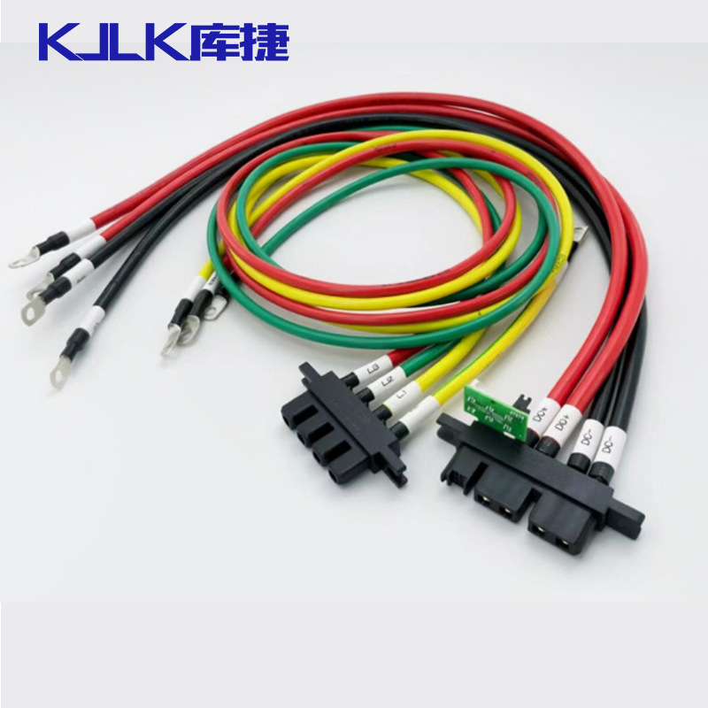 The factory produces high-voltage wiring harnesses for energy storage charging piles, including input and output 4-wire and 2-wire cables for new energy applications