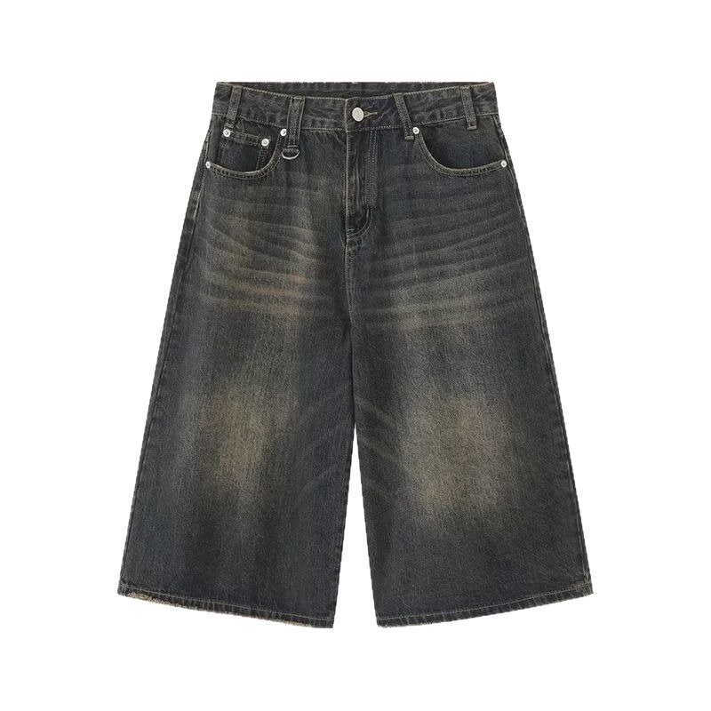 Jeans da uomo retrò lavati a gamba larga, cropped, pantaloncini in denim vintage per l'estate, vestibilità dritta, stile casual unisex, blu scuro, nero, blu classico_voghion.com