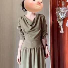 绿色长袖气质荡领连衣裙子女2025新款初秋收腰中式长裙网纱