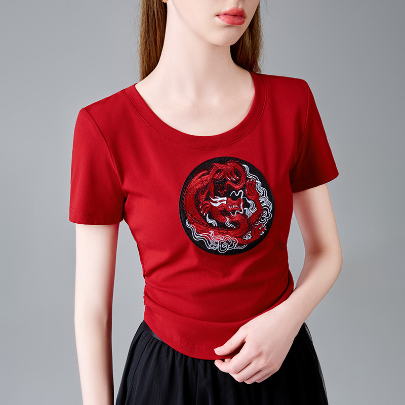 Camiseta de manga corta bordada de estilo chino para mujer verano 2025 nuevo estilo plisado cintura corta algodón camiseta curvada debajo de cien tops image 1