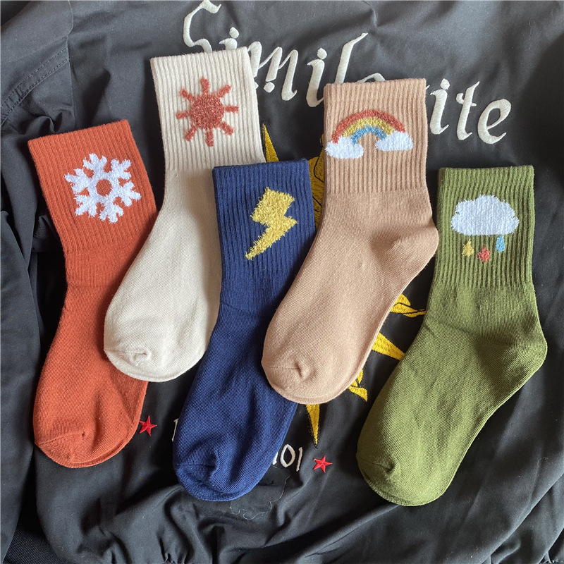 Korean Style Mid-length Socks for Women Instagram Fashionable Couple All-match Flocking Distinctive Winter Weather Socks for Men