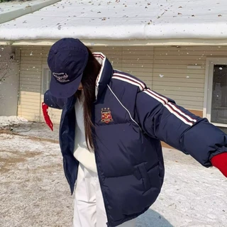 藏青拼接撞色条纹刺绣面包服外套女冬季新款复古美式ins学生棉服