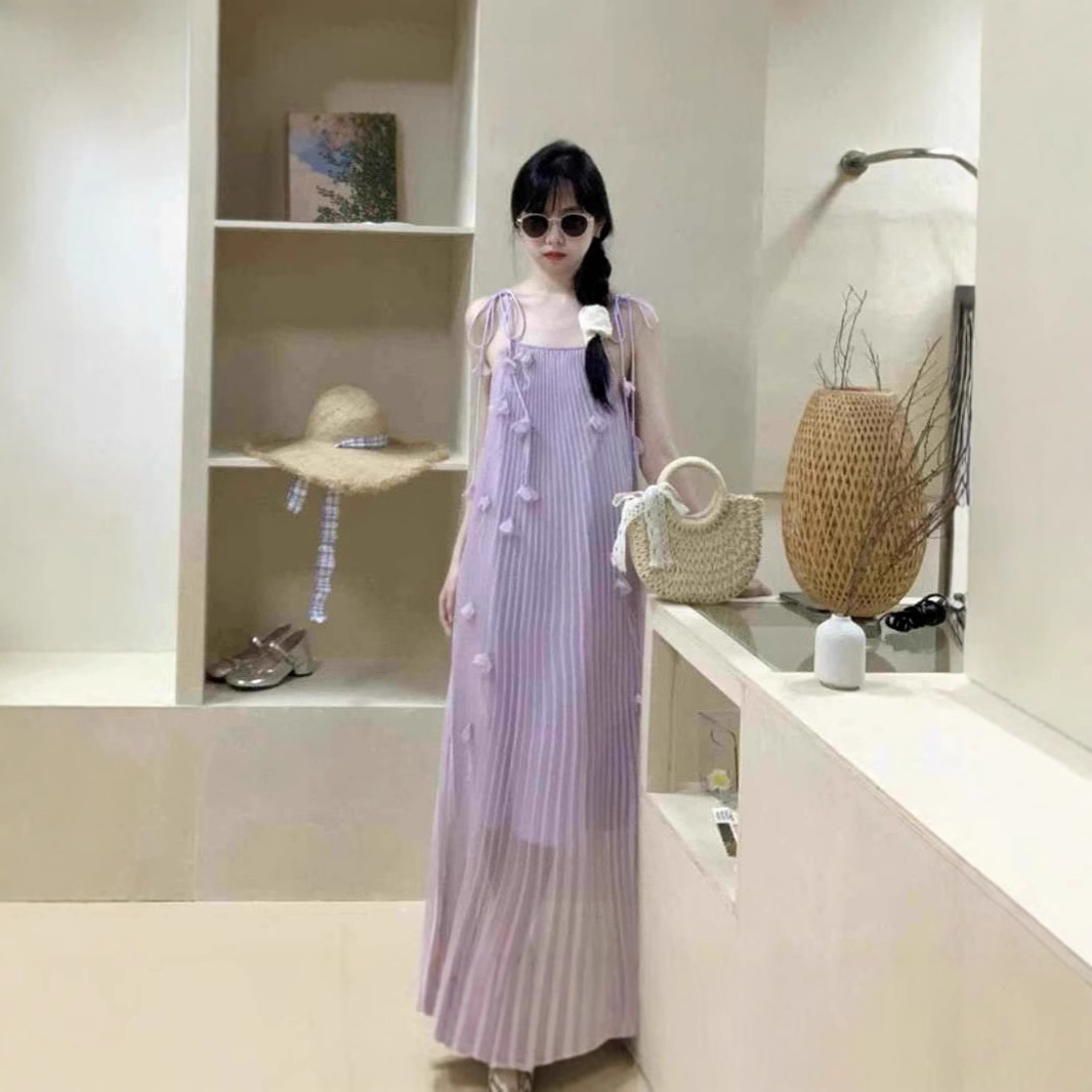 꽃 보라색 슬링 원피스 여성용 해변 휴가 긴 원피스 여름 해변 원피스 민소매 요정 원피스