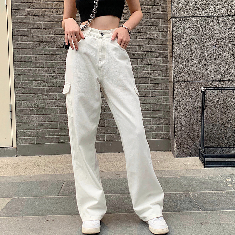 Casual loose wide-leg jeans women's summer new Korean version of dad pants pocket high waist slimming straight pants