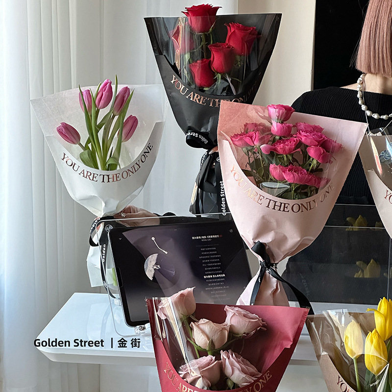 烫金英文字母鲜花包装袋异形牛皮纸多只花束袋透明玻璃纸鲜花包装