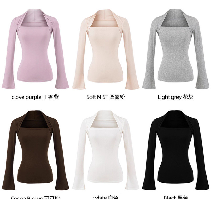 Waist Slimming Look T-Shirt Early Autumn Stretch Tencel Wrinkled Long-Sleeved T-Shirt Top Women's Black Outer Bottoming Knitwear