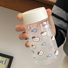 ins猫咪吃鱼随手杯塑料杯耐高温高颜值学生水杯小巧便携透明杯子