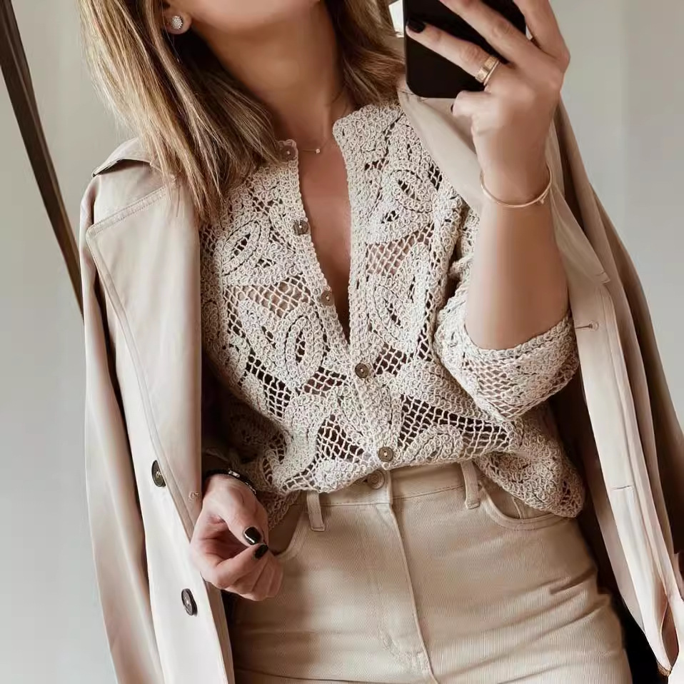 Solid Color Pattern Autumn Season Women's Gender Hollow Out Design Elegant, Streetwear Style Wholesale Women's Elegant Streetwear Solid Color Long Sleeve Hollow Out Blouses