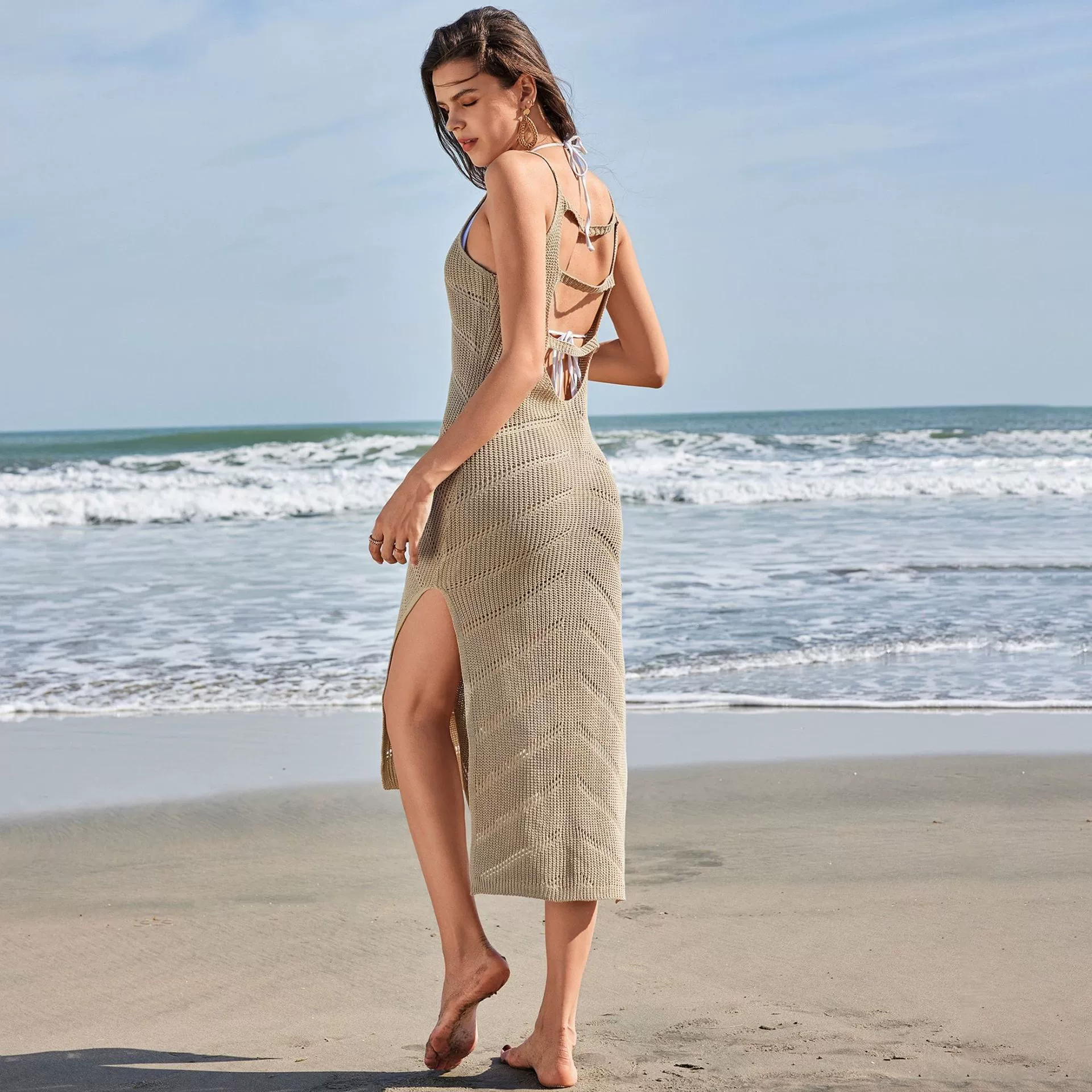 Новые продукты в 2025 году!! Европейские и американские пляжные юбки женские сплошные сексуальные вязаные пляжные бикини купальник солнцезащитный костюм