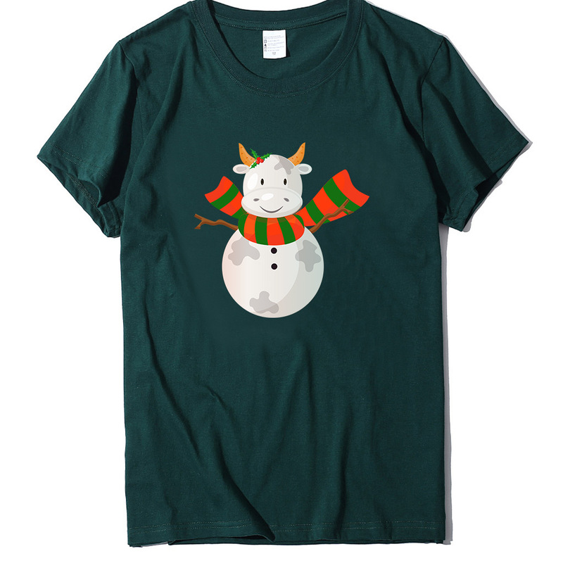 Cross-border 2021 Christmas Snowman Cute Cow Loose Casual T-shirt Youth Trend Fashion Crewneck Pullover Short Sleeve Women
