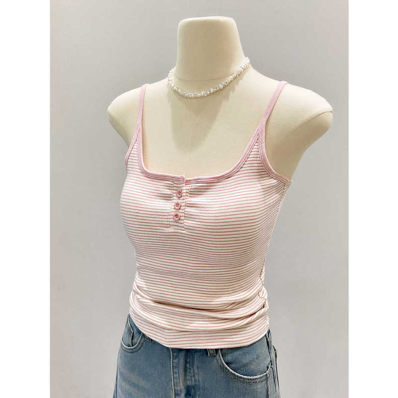 Hot Girl Style Striped Tank Top with Chest Pads, Summer Design with Buttons, Slim Fit, Pure Desire Style Camisole for Outerwear Hot Girl Style Striped Tank Top with Chest Pads, Summer Design with Buttons, Slim Fit, Pure Desire Style Camisole for Outerwear