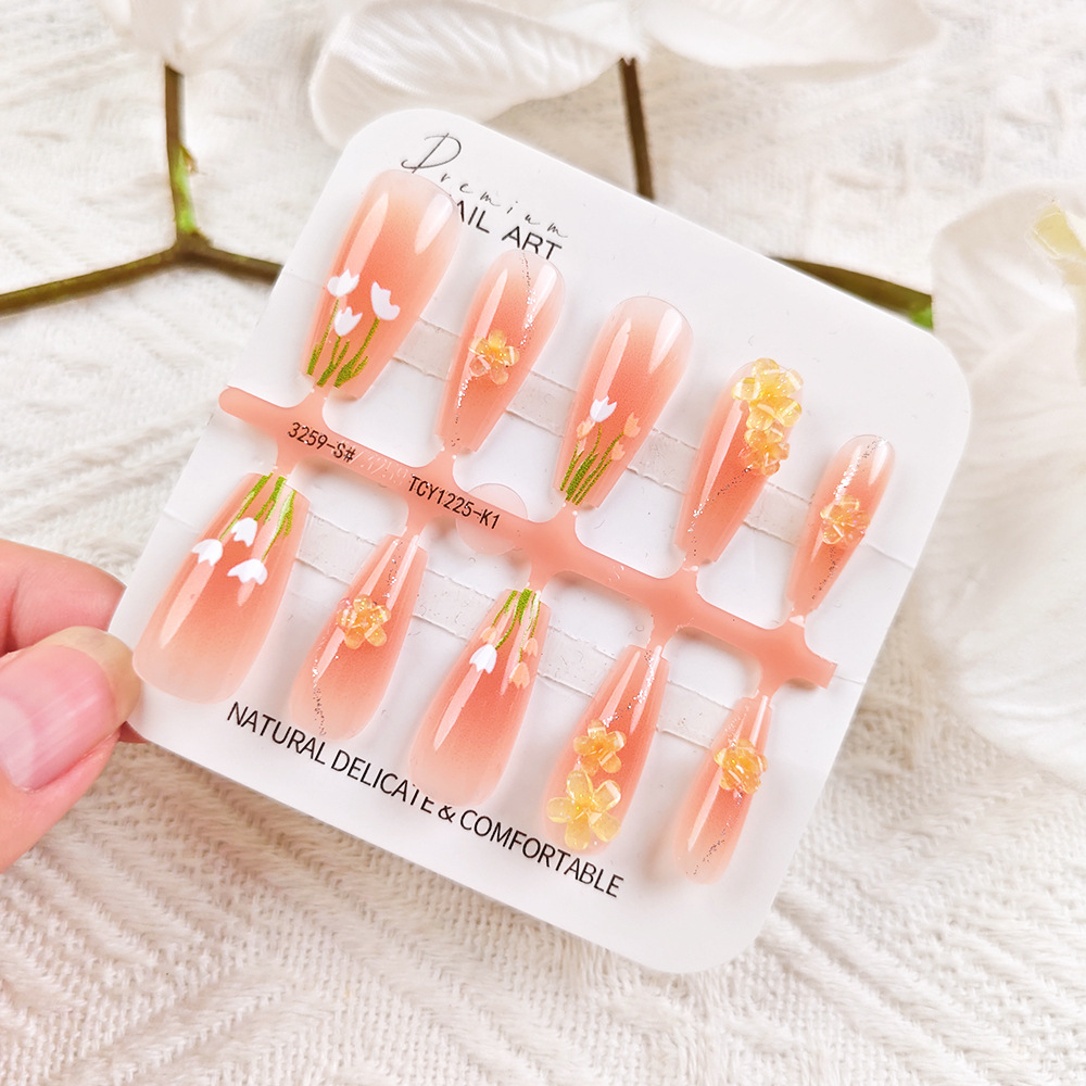 Naranja cálida tulipán ojo de gato manicura suave fresco perforación de vestir una barra de uñas 10 piezas de parche de uñas de código dividido