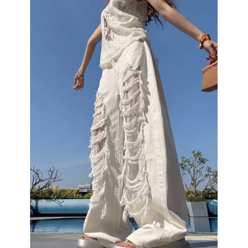 Li Wanjun 1 White Ripped Straight-Leg Jeans for Women Spring 2026 Original Design Lace Hollow-Out Patchwork Wide-Leg Pants