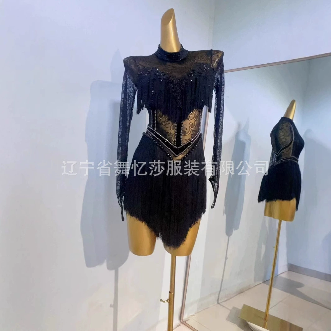 Новое платье для латиноамериканских танцев, сценическое платье для соревнований, профессиональное танцевальное платье с бахромой и кружевом, черное платье с цветочным узором, платье для экзаменов по искусству