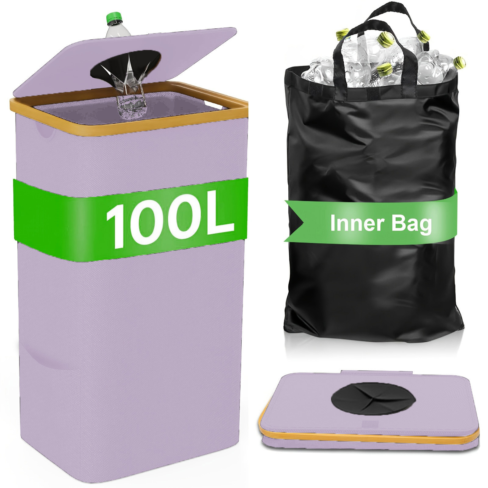 Cesta de almacenamiento de bambú con cubierta desmontable botella reciclada cesta de almacenamiento basura cocina casera reciclaje plegable