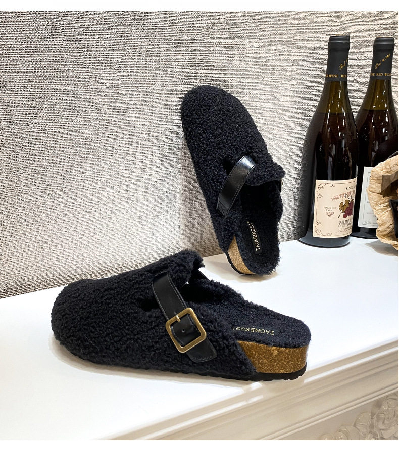 Dép nửa gót bít mũi lông xù kiểu Birkenstock cổ điển cho nữ, mũi tròn — Màu nâu, Màu trắng sữa, Màu đen chi tiết 10