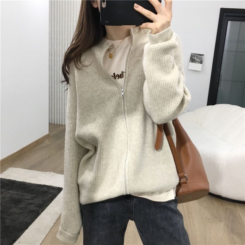 Korean Style Zipper Pure Color Sweater Knitted Cardigan for Women 2025 Spring and Autum New Style Lazy Style Casual Loose Jacket Korean Style Zipper Pure Color Sweater Knitted Cardigan for Women 2025 Spring and Autum New Style Lazy Style Casual Loose Jacket