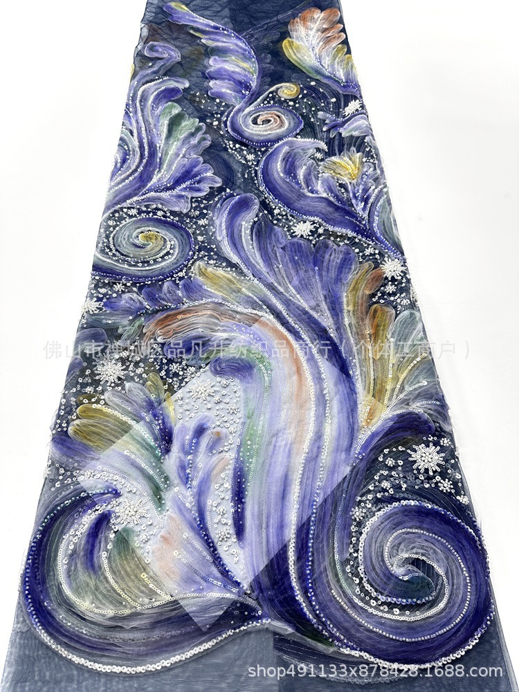 Fabricantes de tela de vestido de moda nueva industria pesada con tela de sequinaria alta fijación teñida por pulverización tela bordada de perlas