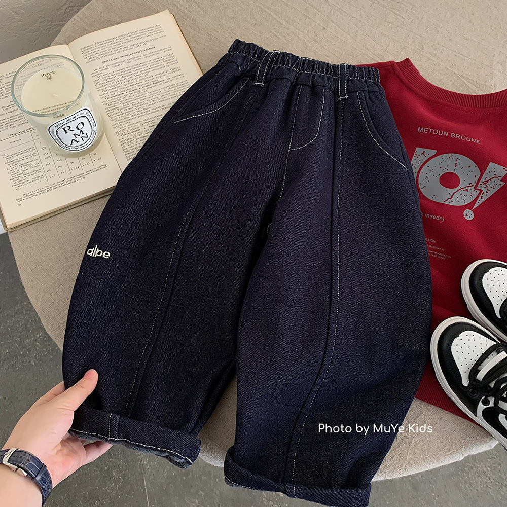 木野儿童加绒牛仔裤冬季童装男童韩版百搭加厚长裤宝宝保暖休闲裤