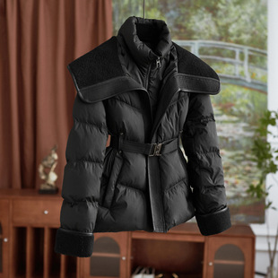 2434501-high-grade lamb wool 90% duck down fashionable fake two large lapel waist down jacket women