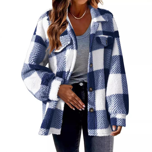 Cross-border Women's 2025 New Amazon Autumn/Winter Pockets Grid Lamb Fleece Jacket Button Plush Outerwear