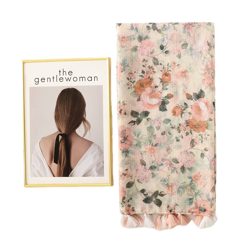 Nuevo japonés y coreano dulce elegante albaricoque colorido flor borla bufanda viaje protector solar chal algodón y lino sensación bufanda