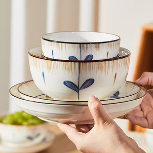 Retro Japanese-Style Lanting Preface Ceramic Rice Bowl Soup Bowl Tableware Set Household Underglaze Color New Plate Dish