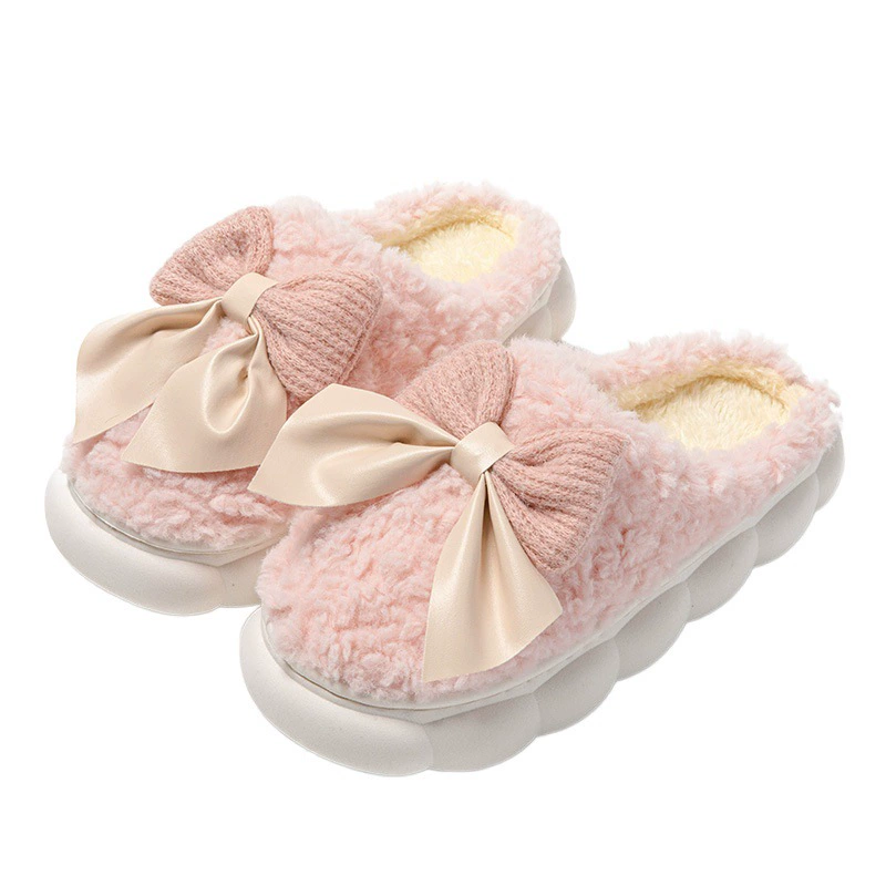 Хлопковые тапочки с милым бантом для комнаты, бархатные теплые лунные туфли, плюшевые женские домашние тапочки для общежития, осень и зима