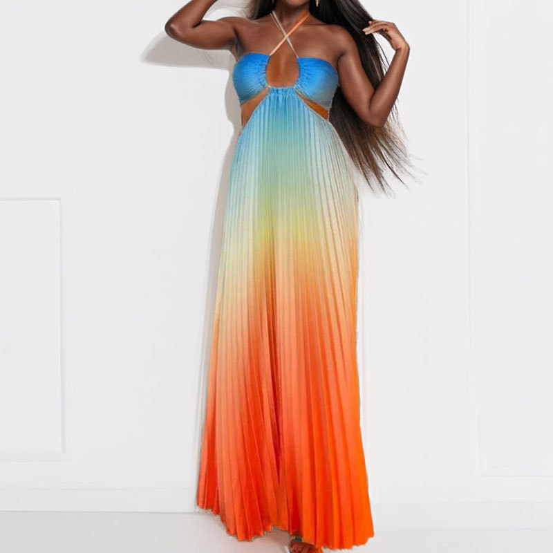 Women's Elegant Hollow Out Halter Neck Dress Spring 2026 Sexy Gradient Color Long Casual American Style Summer Clothing_ecoleips.com