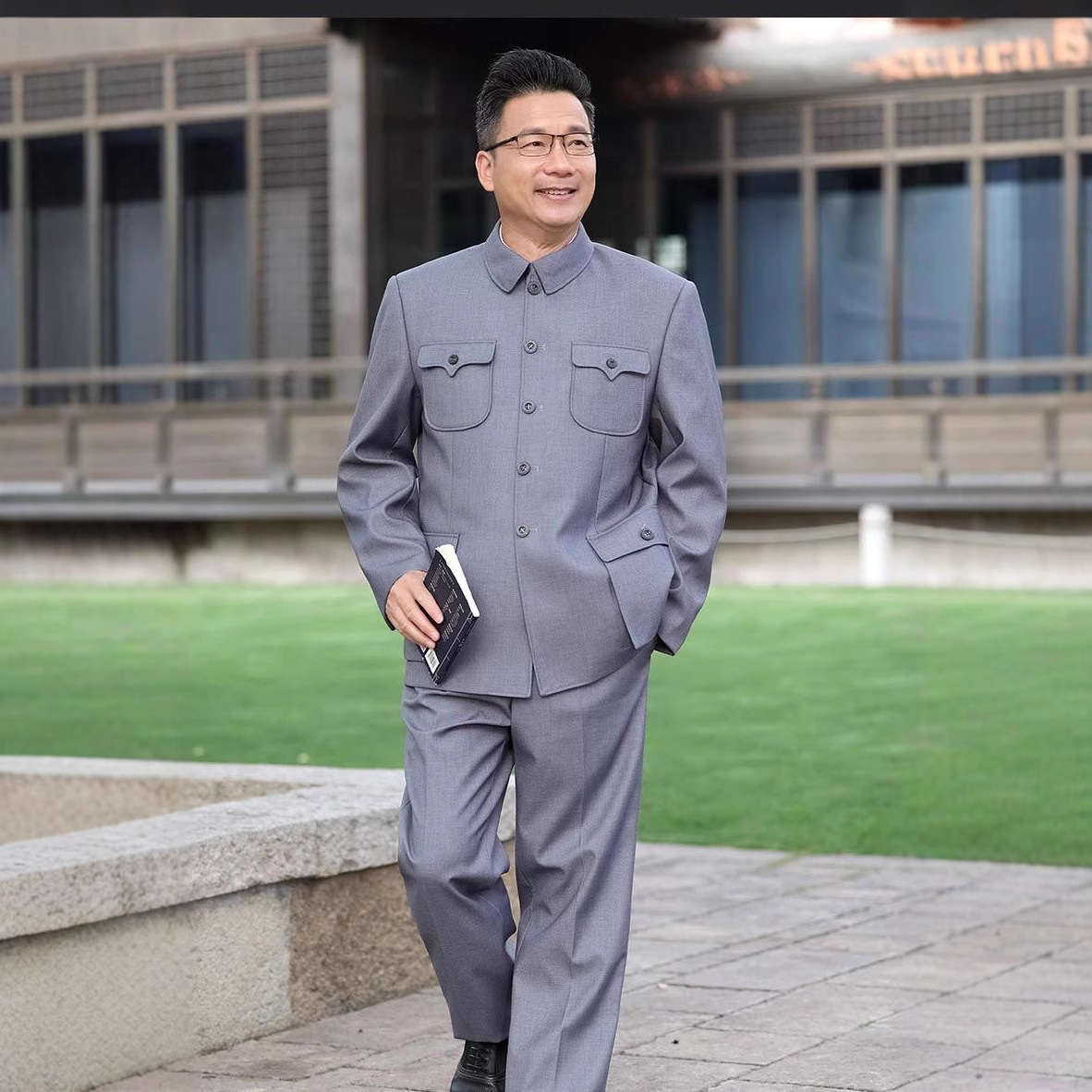 银灰色中老年毛氏中山装爸爸爷爷老式套装中国风中山服老人衣服