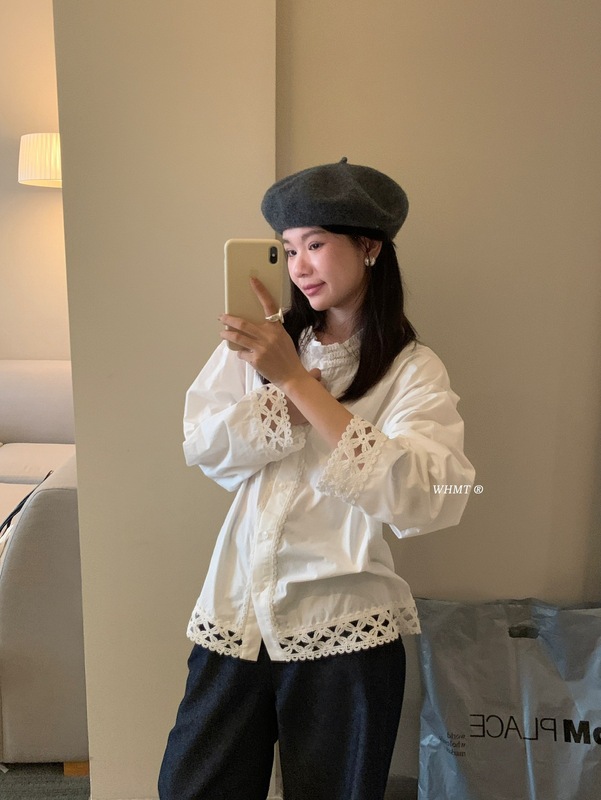 【WOW】法式浪漫精致蕾丝拼接重工设计感长袖衬衫(不配红色围脖)|undefined