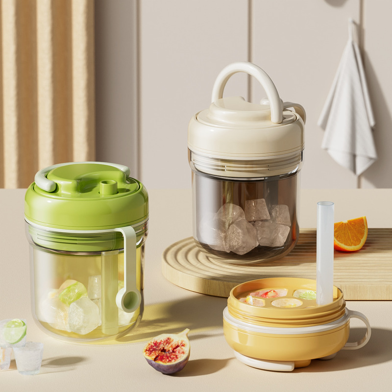[Original Design] Portable Ice Cube Cup with Lid and Straw, Household Sealed Glass Water Cup, Cute Style Drinkware