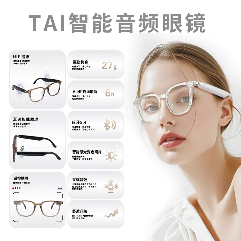 【AI翻译】智能蓝牙眼镜GS07骑行开车听歌通话变光镜片室内室外