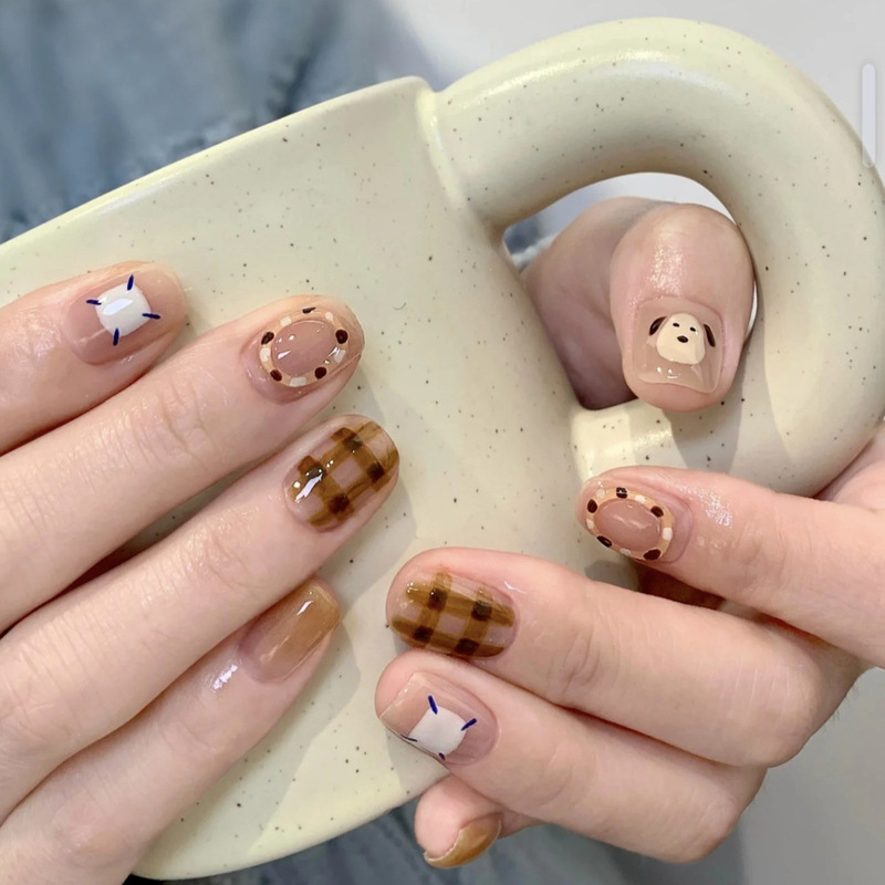 Maillard Color Autumn and Winter New Puppy Donut Hand-Painted Plaid Cute Cat Eye Wearable Nail Polish Finished Product Wholesale